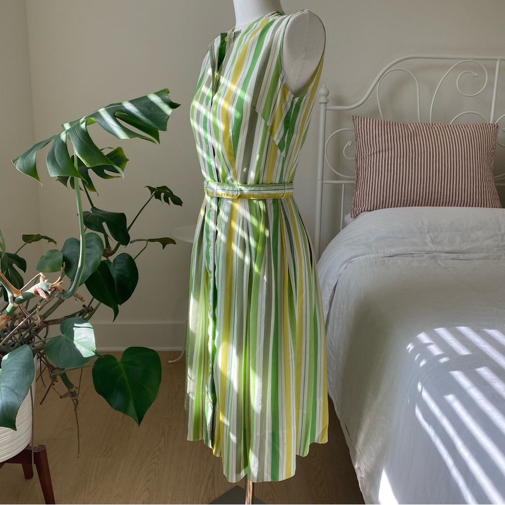 Vintage Green Lemon Candy Stripe Shirt Dress w/ Belt Kenny Classics by Donnkenny - Picture 4 of 13